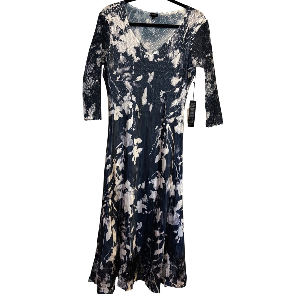 Komarov Women's XL Black White Floral Pleated Midi Dress 3/4 Sleeve NWT